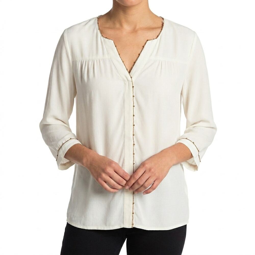 Brixon Ivy Deron Blouse M Medium Ivory Gold Beaded Trim V-Neck Stitch Fix NWT